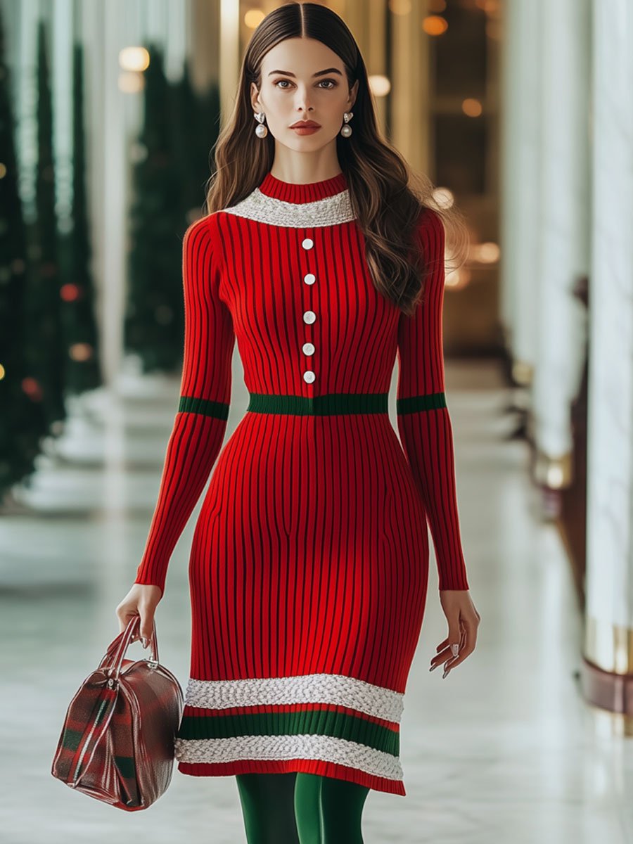 Fashion Retro Woolen Red And Green Striped Lace Long-Sleeved Mini Dress