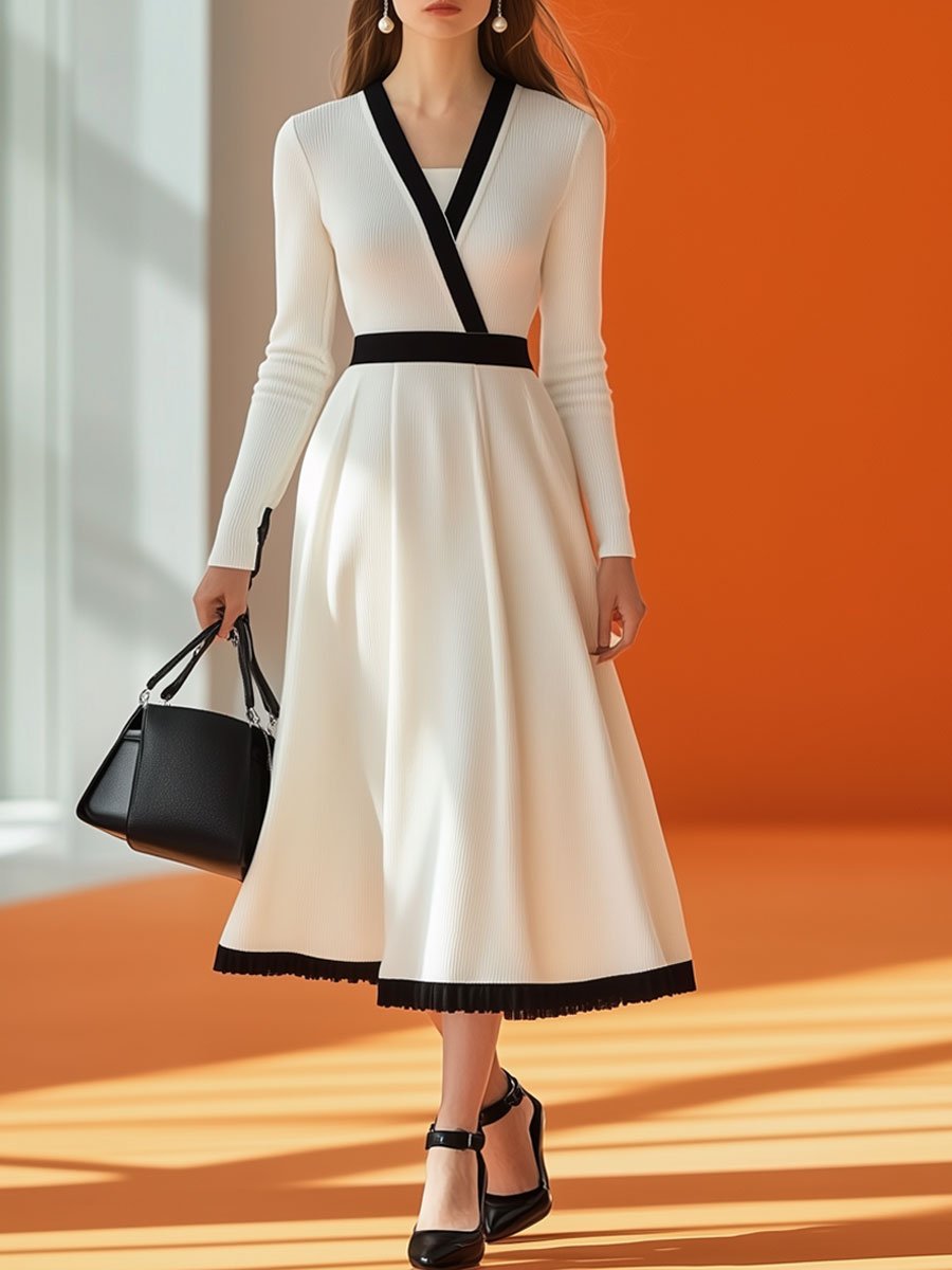 Fashion Retro Black And White Knitted Splicing V-Neck Long-Sleeved Midi Dress