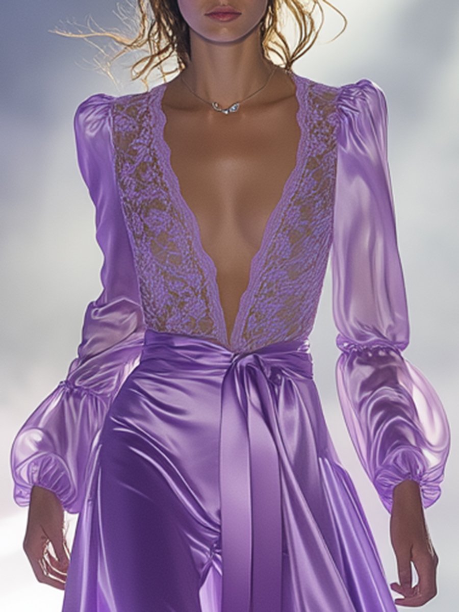 Charming Purple V-neck Lace Splicing Satin Maxi Dress