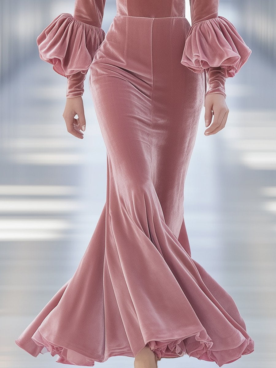 Elegant Round-neck Pink Velvet Puff Sleeve Maxi Dress