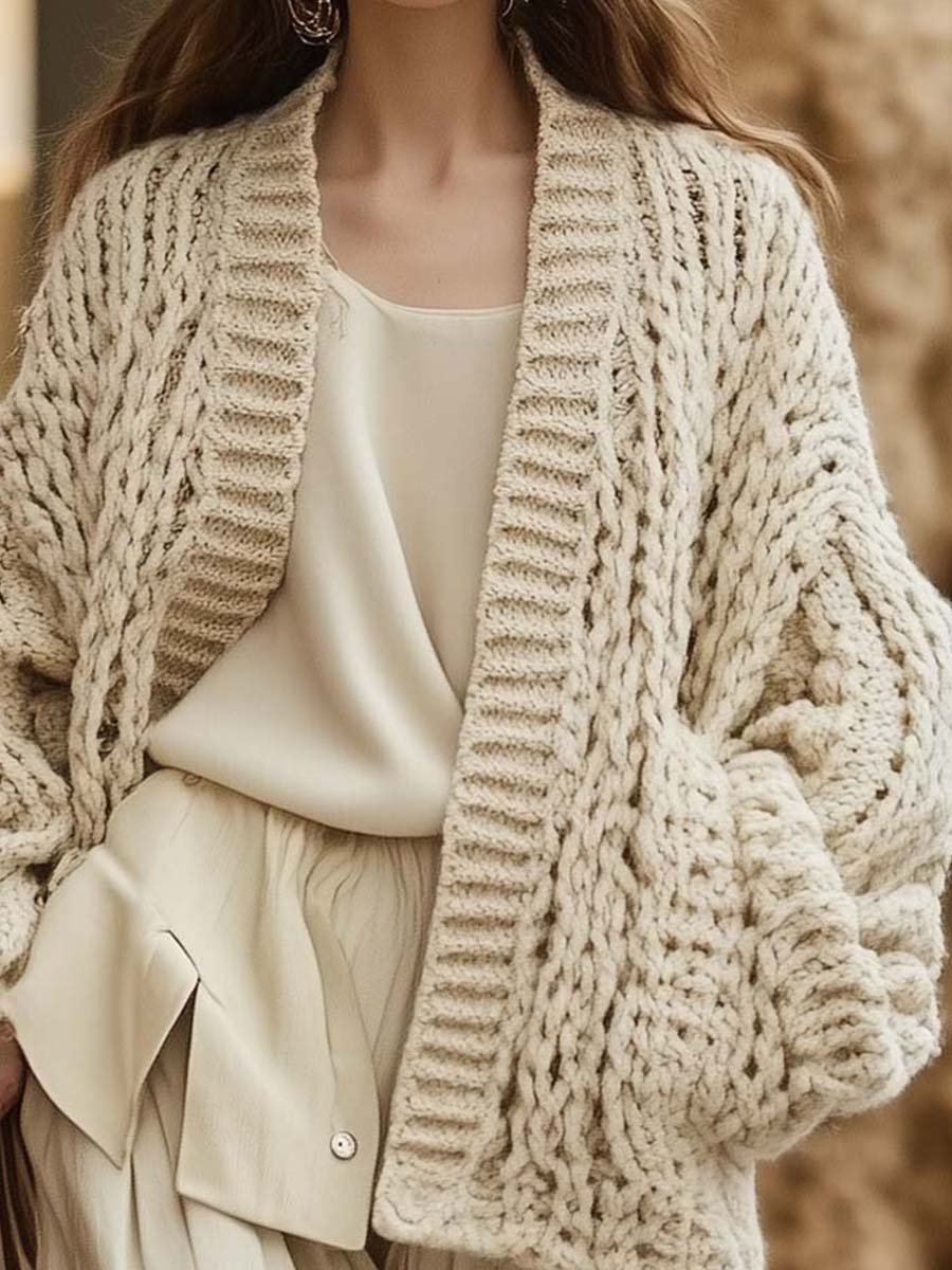 Fashion Retro Open Collar Pocket Short Knit Cardigan