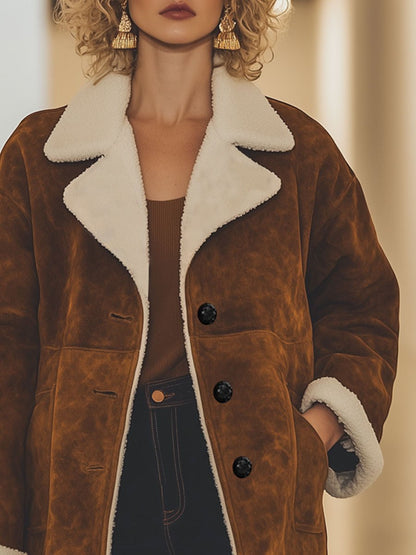 Casual Loose Retro Suede And Lambskin Single-Breasted Coat