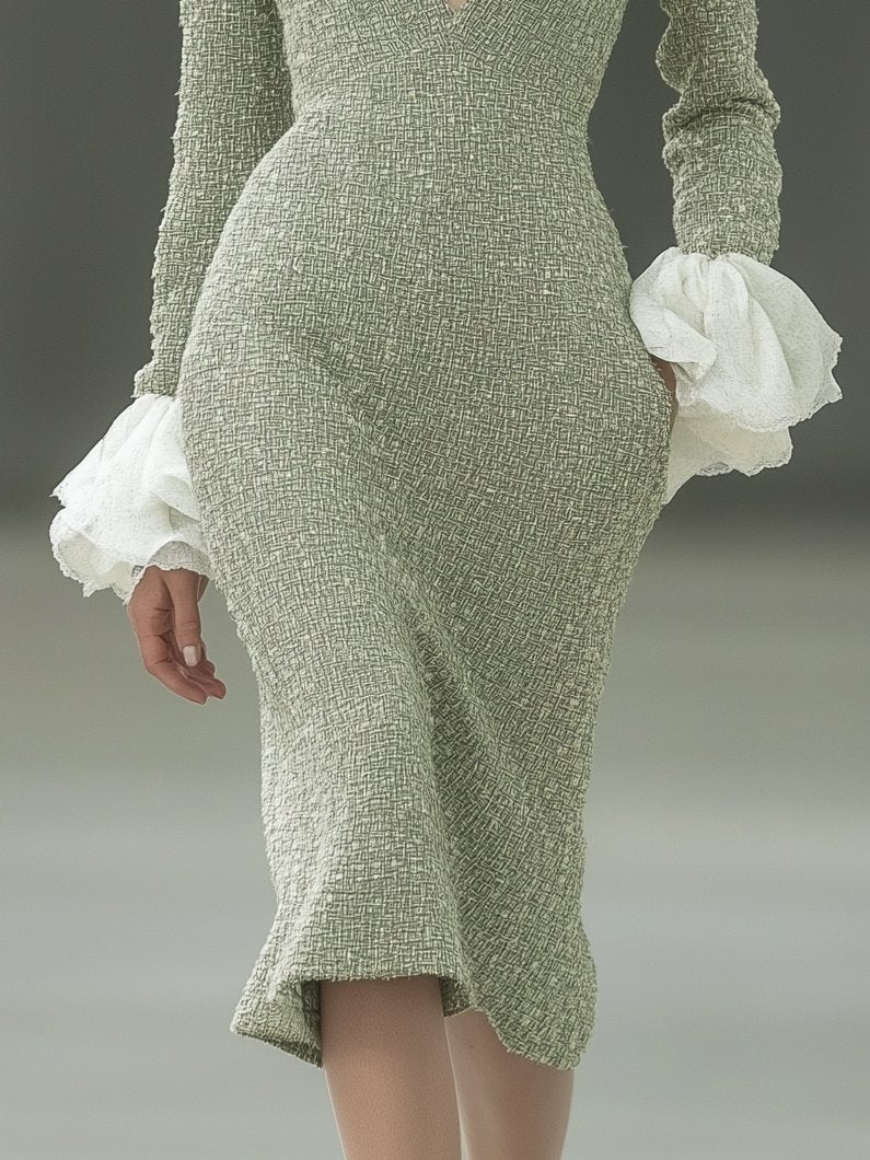 High-End Temperament V-Neck Tweed Long-Sleeved Midi Dress