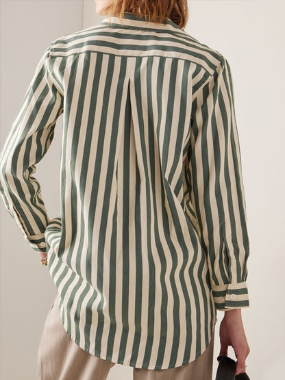 Casual Loose Cotton Blend Striped Long Sleeve Blouse