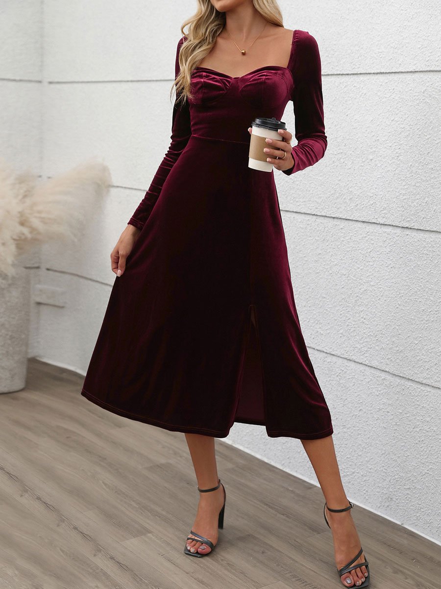 Fashion Retro Party Velvet Slit Long Sleeve Midi Dress