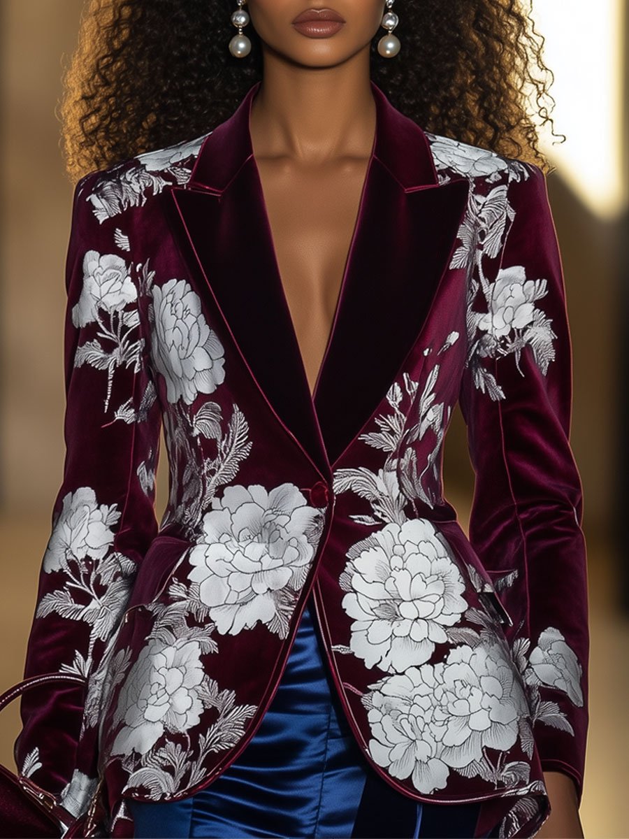 Casual Loose Vintage Velvet Peony Print Colorblock Lapel Blazer