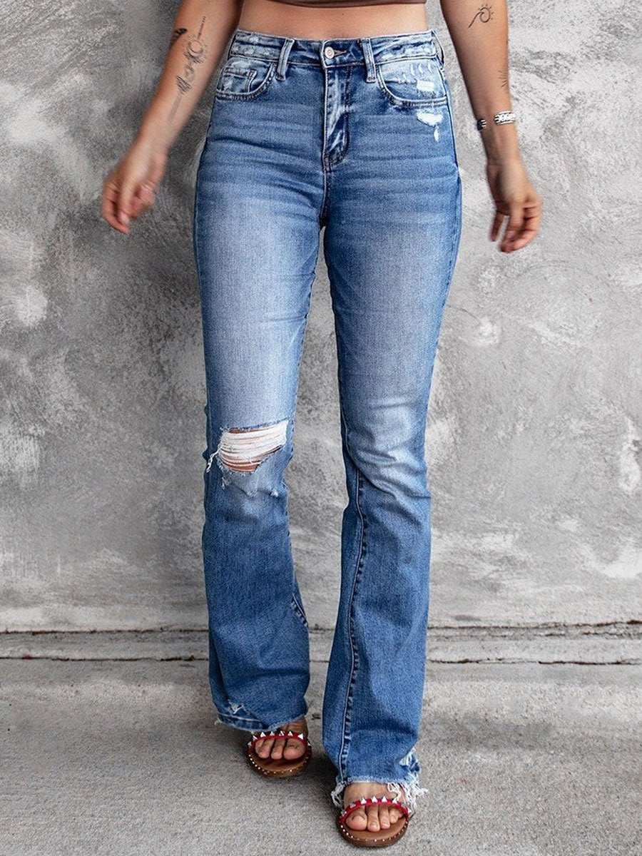 Casual Ripped High Waist Vintage Stretch Slim Flared Jeans