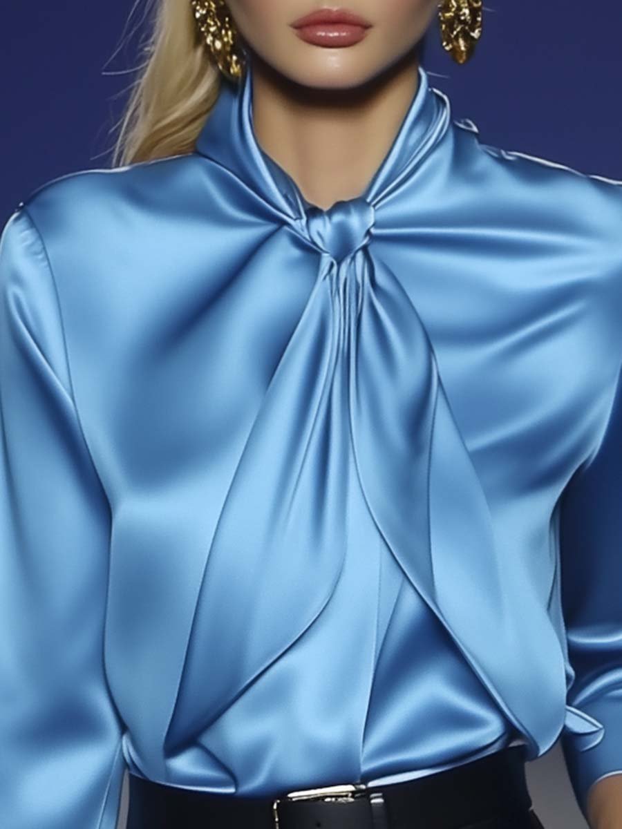 Elegant and Stylish Tie Collar Blue Satin Blouse