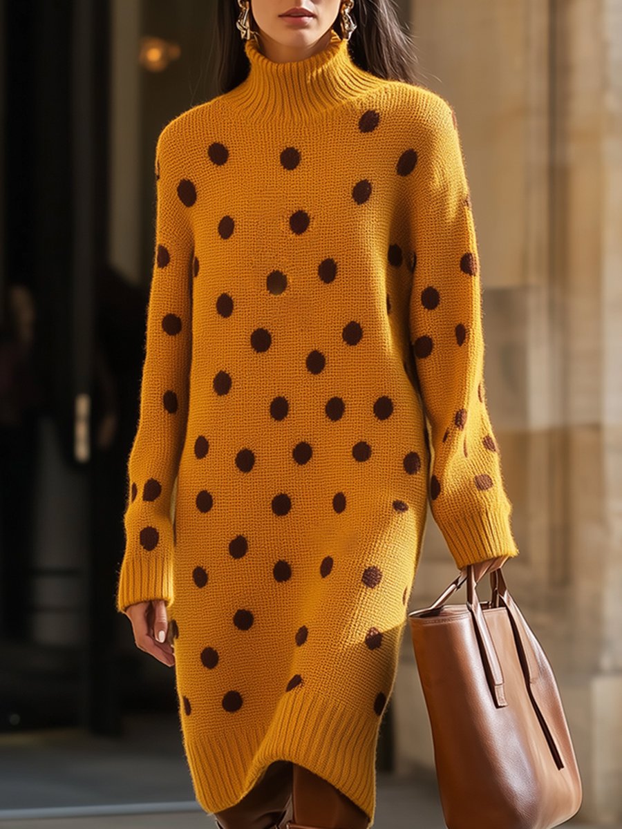 Retro High-End Fashionable Loose Polka Dot Round Neck Knitted Dress