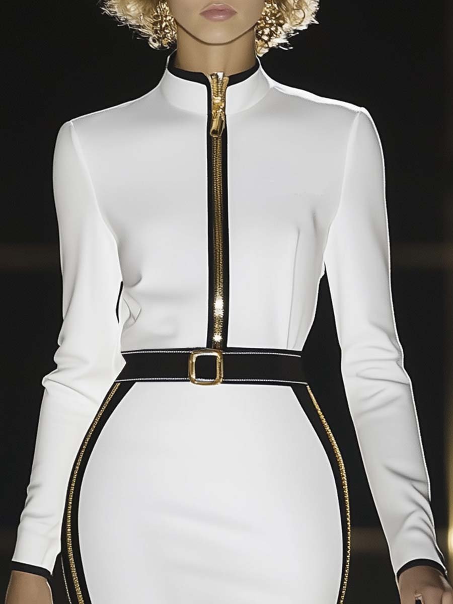 Elegant and Noble Gold Trim Black and White Contrast Midi Dress