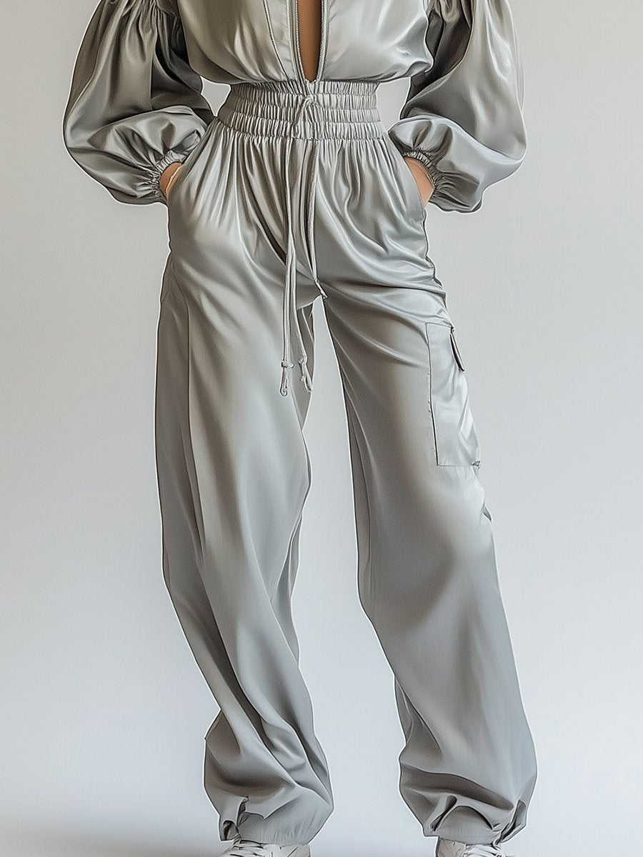 Elegant and Fashionable Zipper Luxury Satin Grey Puff Sleeve Jumpsuit