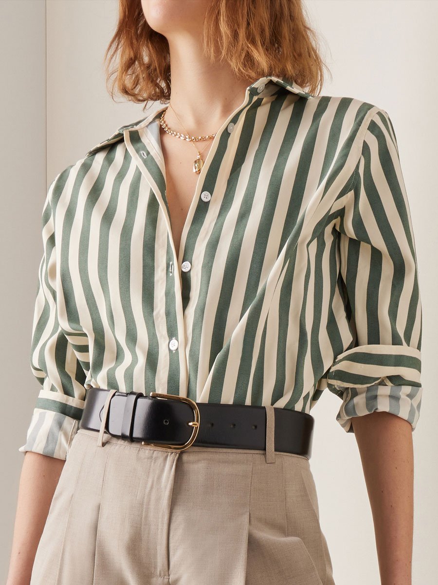 Casual Loose Cotton Blend Striped Long Sleeve Blouse