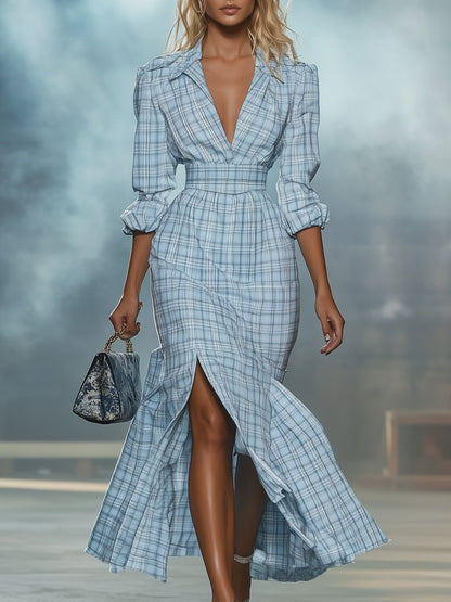 Elegant Light Blue Lapel Plaid Long Sleeve Maxi Dress