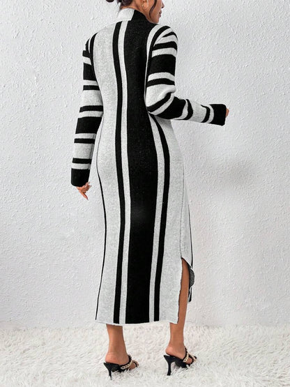 Casual Loose Lazy Split Black And Gray Striped High Collar Knitted Midi Dress