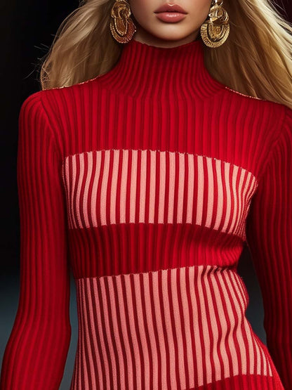 Elegant Personality Red Contrast Striped Knitted Mini Dress