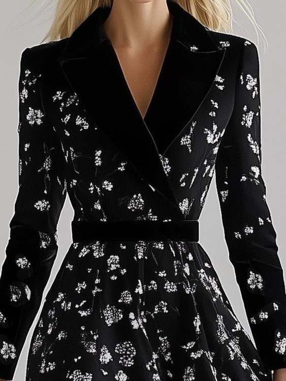 Elegant Lapel Floral Black Long Sleeve Maxi Dress