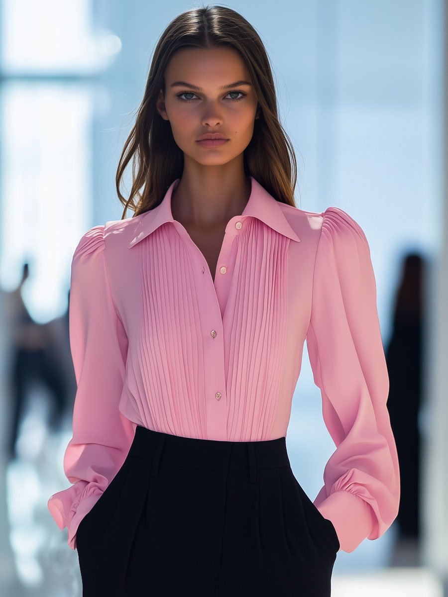 Casual Loose Chiffon Pleated Pink Long-Sleeved Blouse