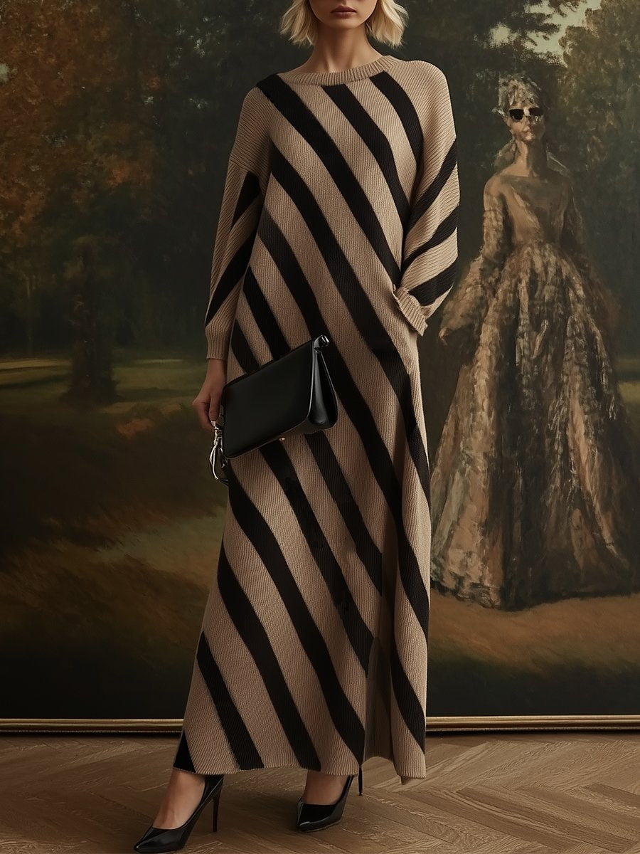 Fashion Loose Striped Knit Khaki Long Sleeve Maxi Dress