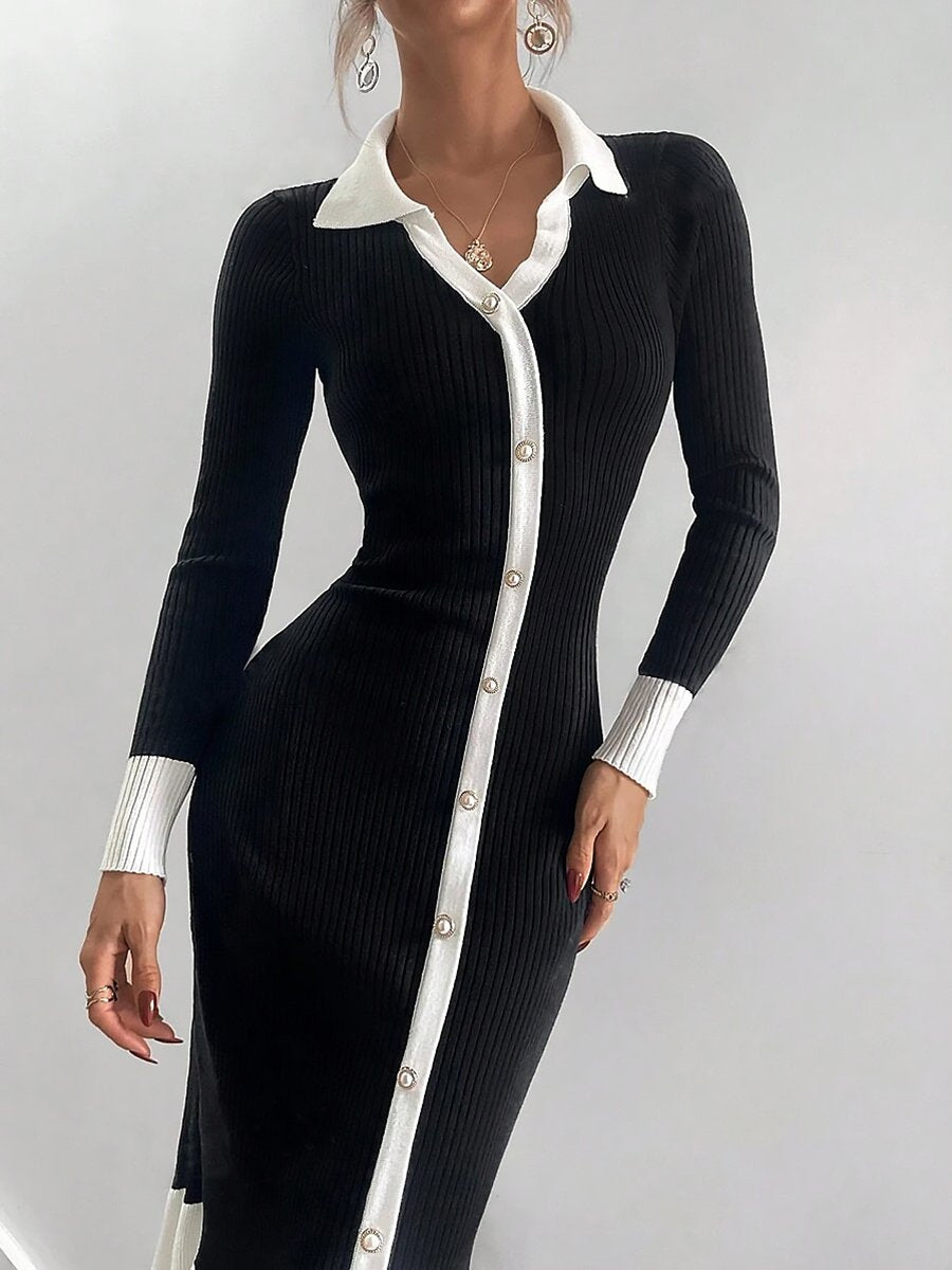 Elegant Fashionable And Exquisite Contrast Color Lapel Knitted Midi Dress