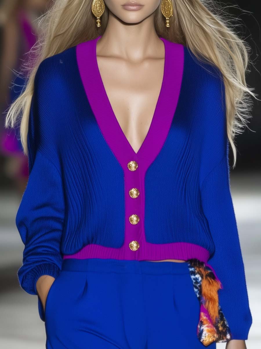 Elegant and Comfortable V-neck Contrast Cobalt Blue Sweater