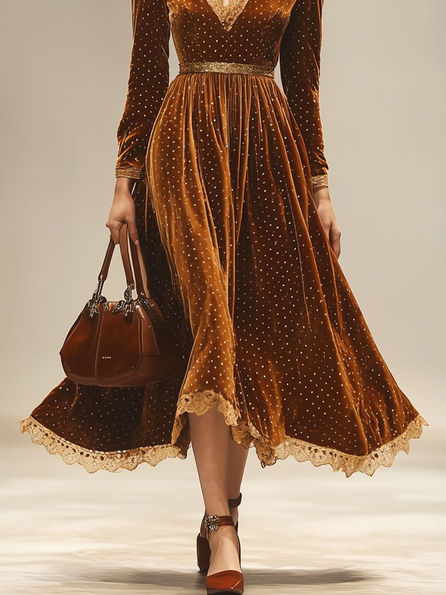 Fashion Retro V-neck Lace Splicing Long Sleeve Midi Dress