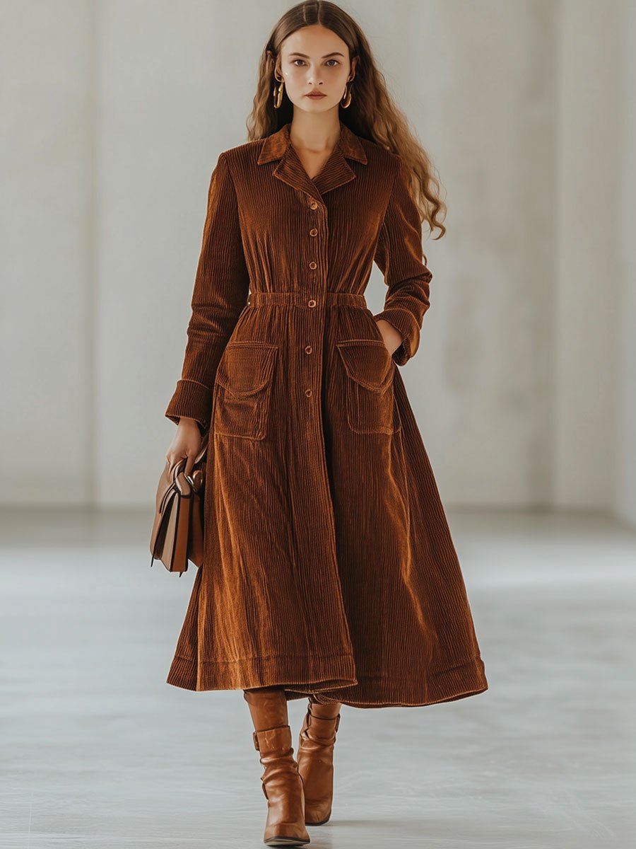 Casual Loose Retro Corduroy Single-Breasted Trench Coat-Style Midi Dress