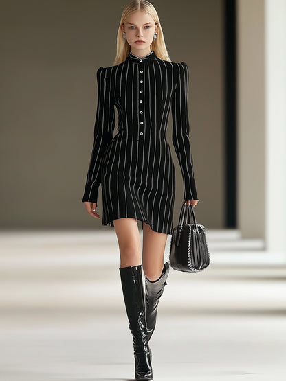 Classic Striped Stand Collar Black Long Sleeve Mini Dress