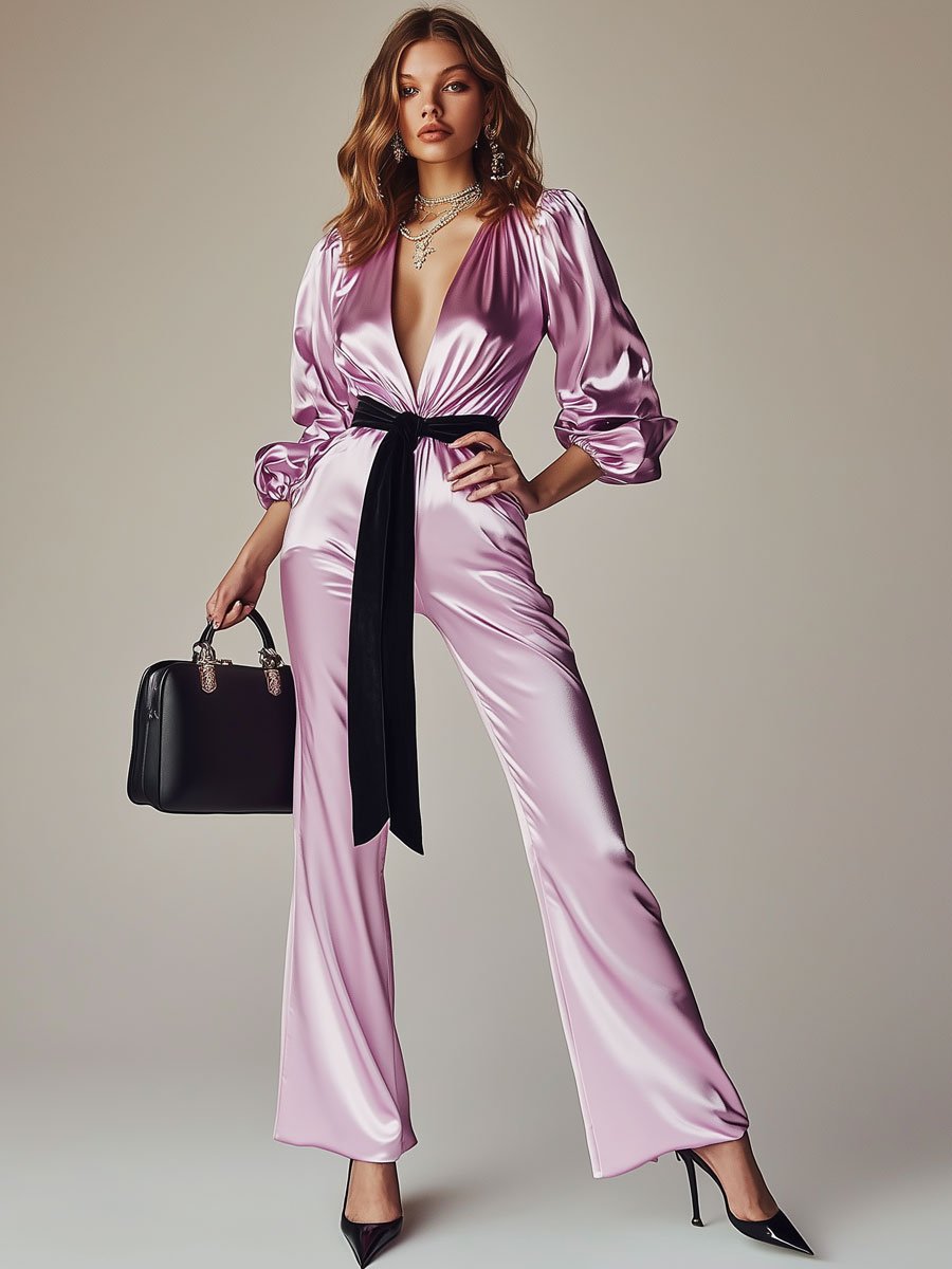 Fashion Party Light Pink Satin Lace-up V-neck Lantern Long Sleeve Flared Jumpsuit