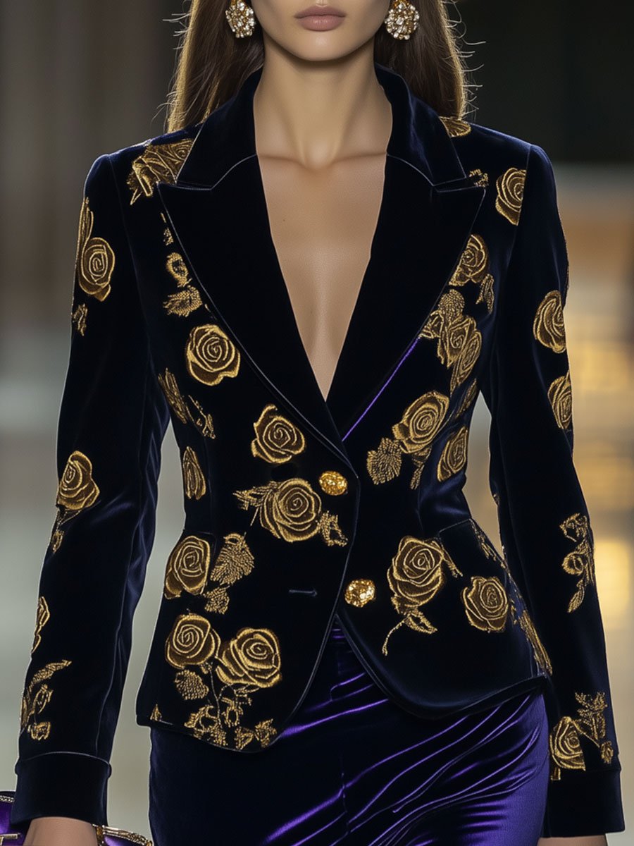 Casual Loose Vintage Velvet Gold Rose Print Blazer