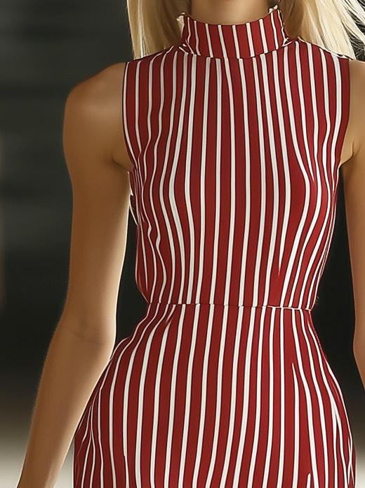 Elegant Stand Collar Striped Sleeveless Midi Dress