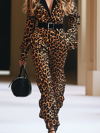 Fashion Wild Leopard Print Long-sleeved Jumpsuit