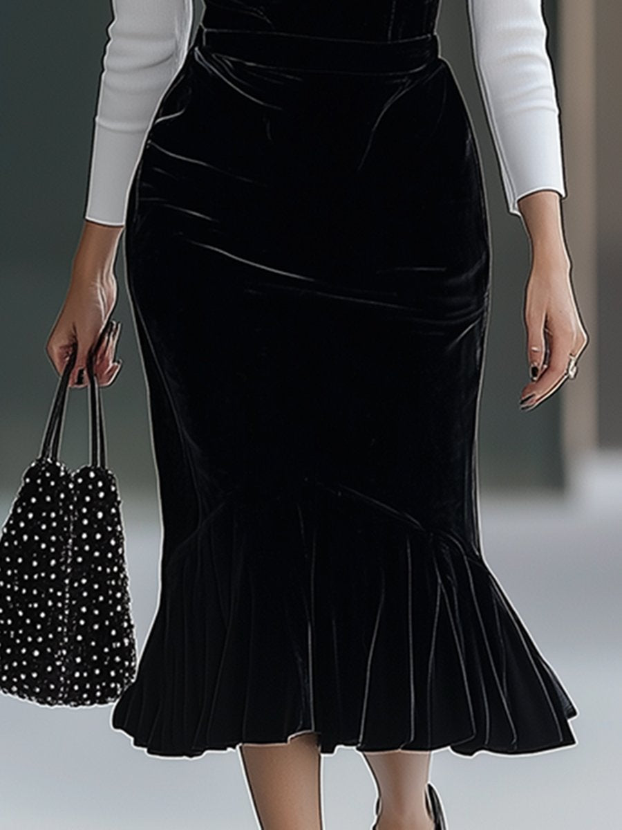 Retro And Elegant Fishtail Velvet Midi Dress