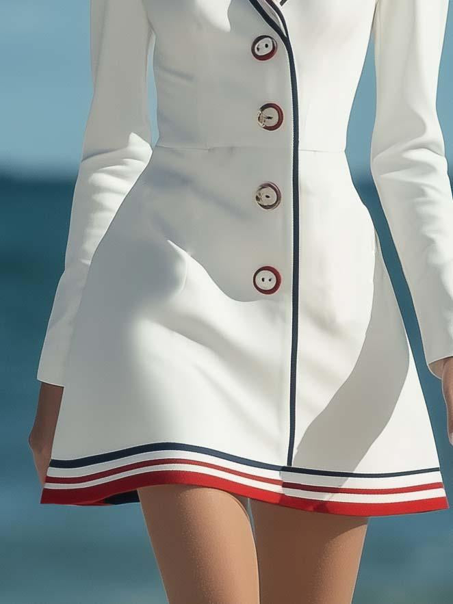 Classic Elegant Sailor Suit White Long Sleeve Mini Dress