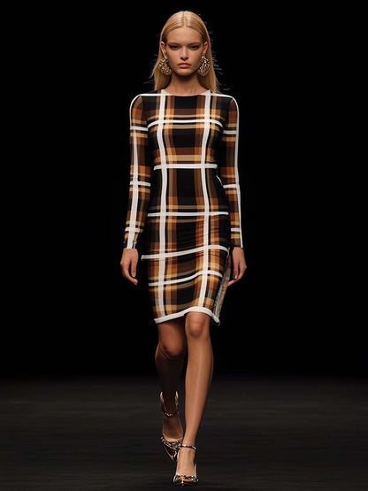 Fashionable and Energetic Round Neck Brown Plaid Stretch Mini Dress