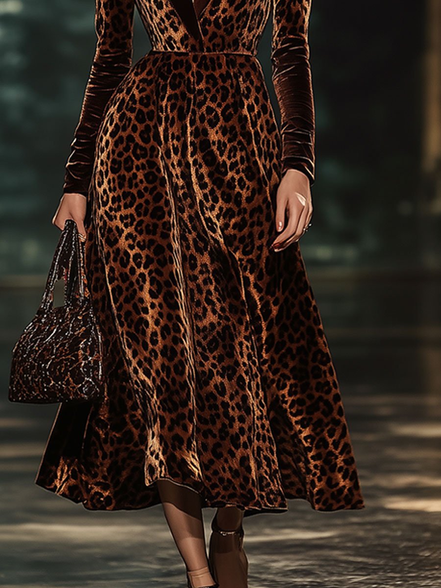 【24-hour shipping】Lapel Fashion Party Leopard Print Velvet Long Sleeve Midi Dress