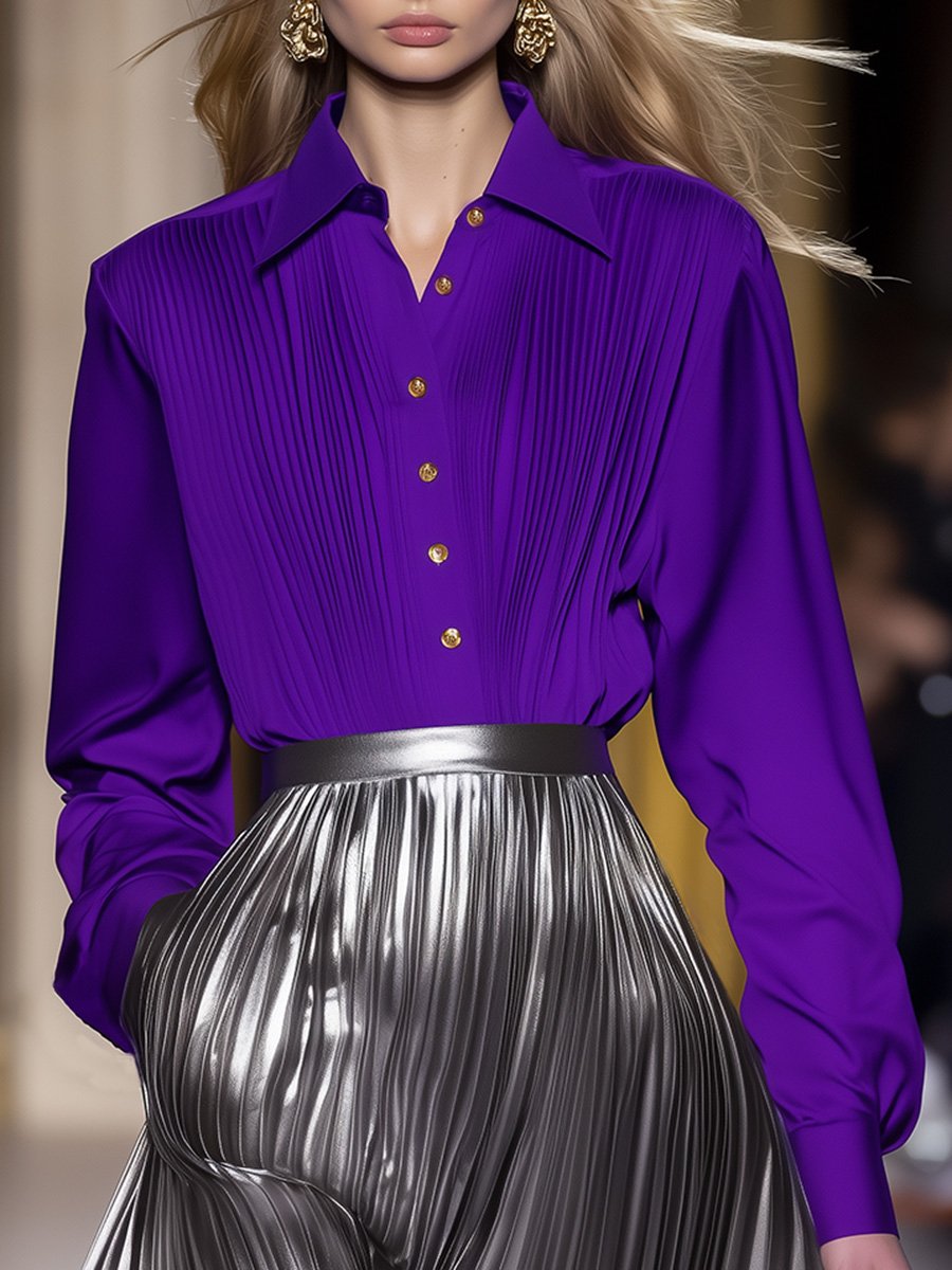 Elegant Retro Loose Purple Pleated Satin Shirt