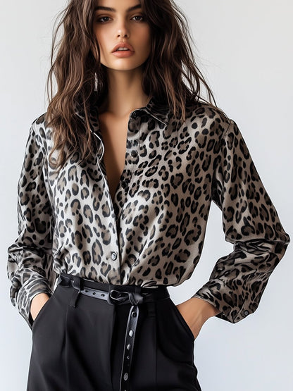 Lazy Fashion Leopard Print Long Sleeve Lapel Print Shirt