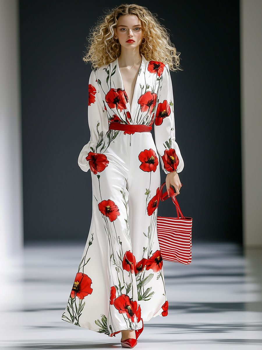 High-End Loose And Fashionable Poppy Print V-Neck Jumpsuit