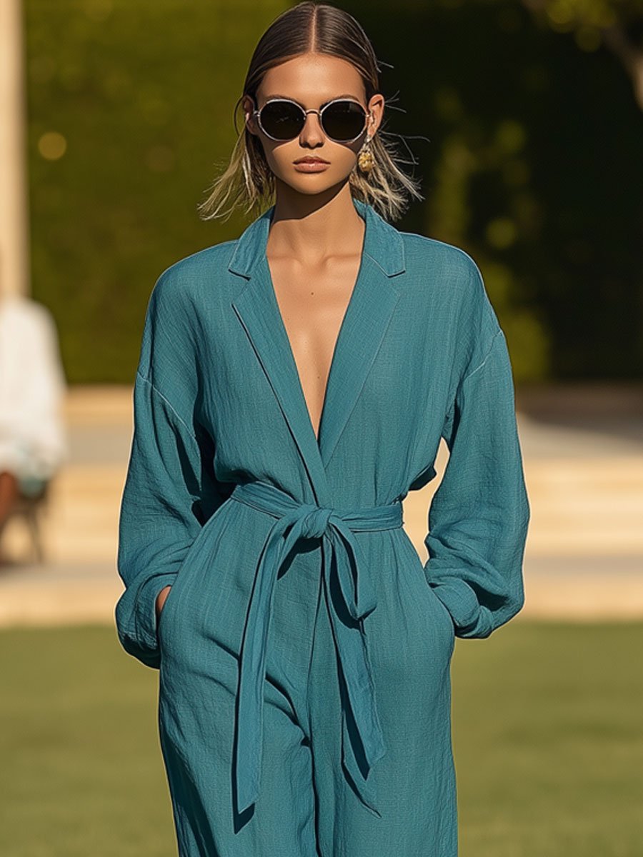 Casual Loose Retro Cotton And Linen Blue-Green Long-Sleeved Wide-Leg Jumpsuit