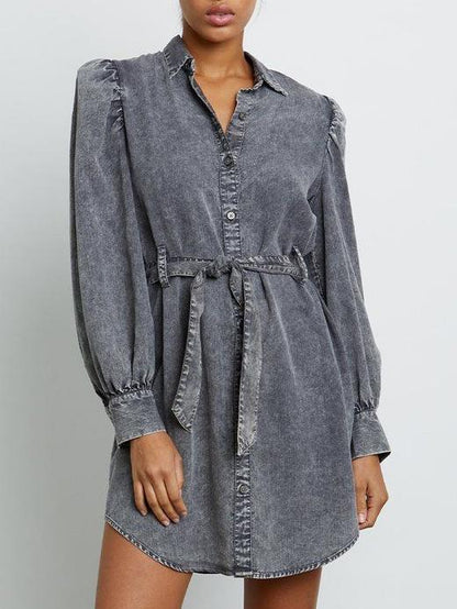 Relaxed Loose Denim Belted Long Sleeve Mini Dress