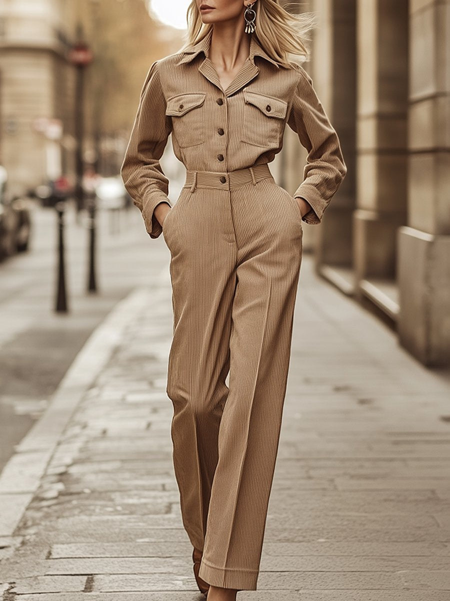 Casual Loose Corduroy Lapel Long-sleeved Jumpsuit