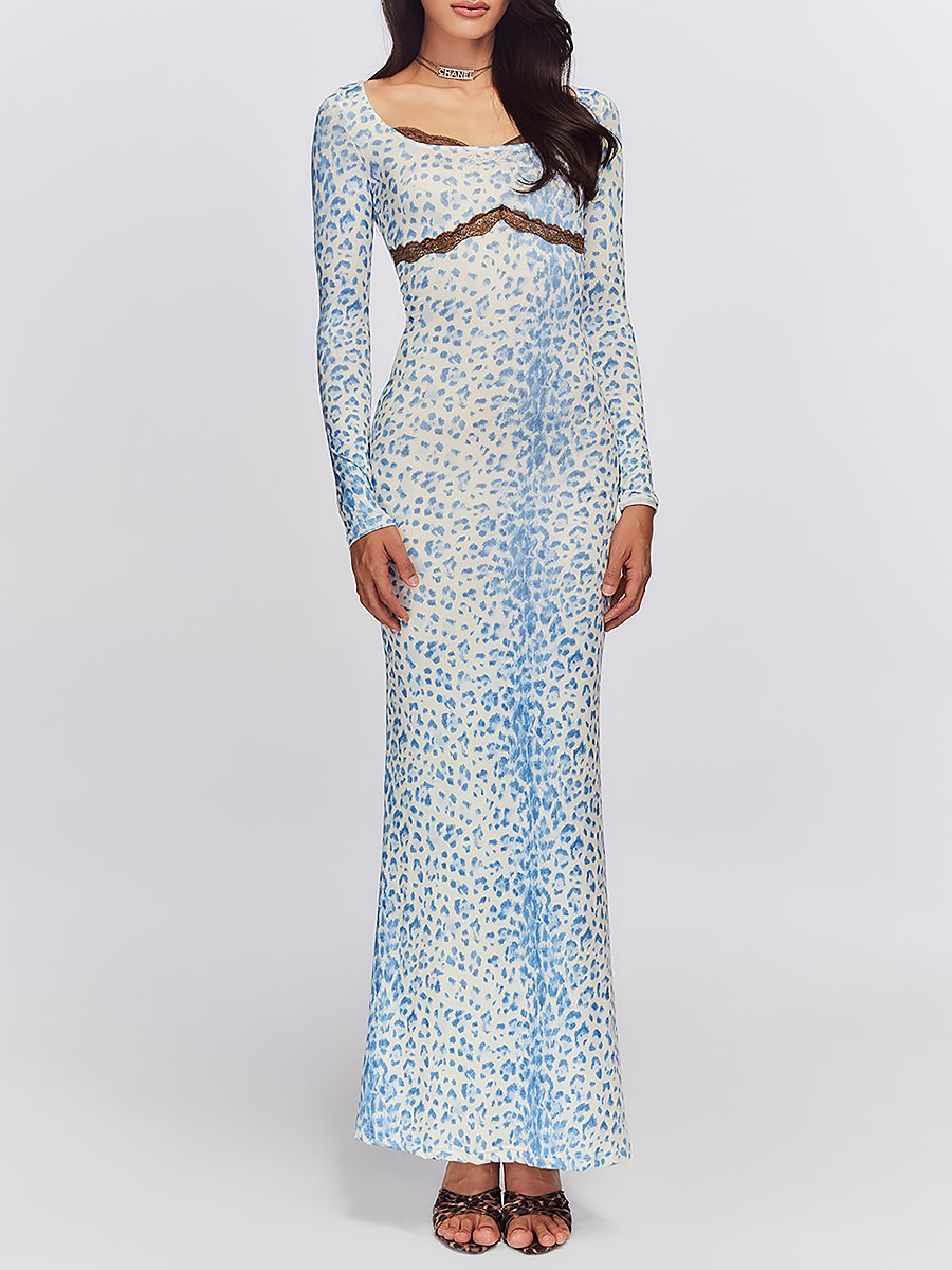 Retro Fashion Slim Lace Splicing Blue Leopard Print Maxi Dress