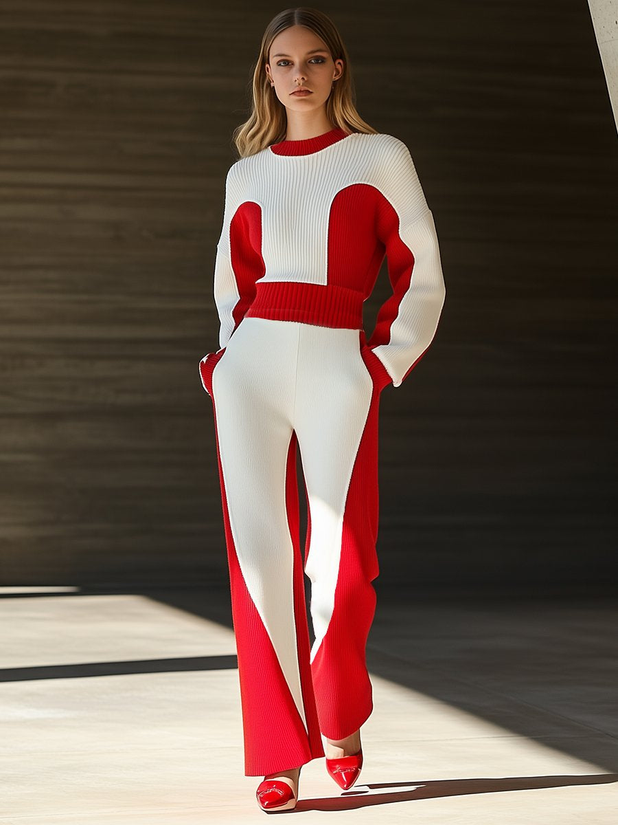 High-End Fashionable Red And White Color Matching Round Neck Knitted Suit