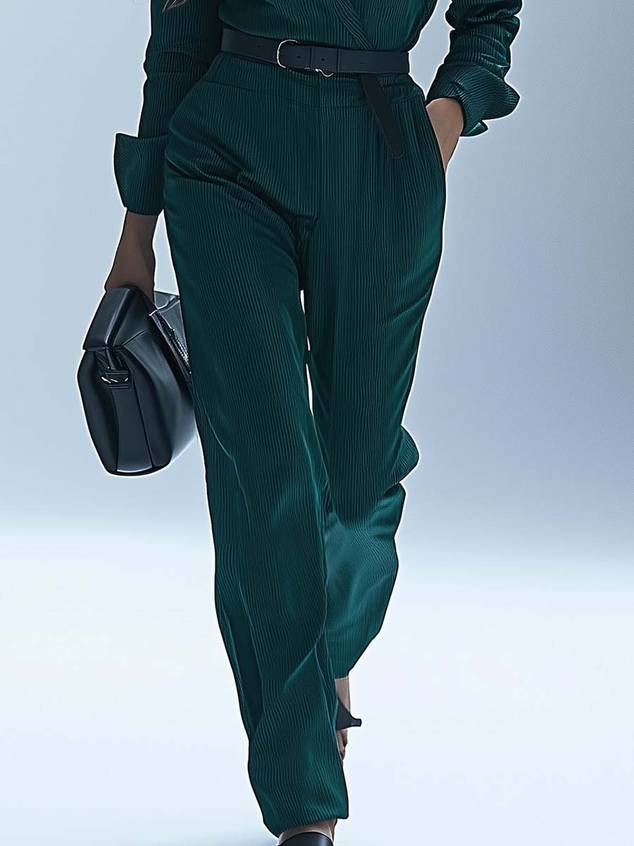 Fashionable Commuting Fine-grained Shiny Emerald Green Business Jumpsuit