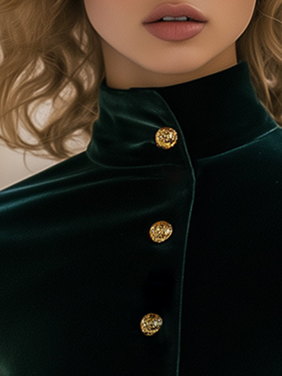 High-end fashionable high-collar gold velvet puff sleeve shirt