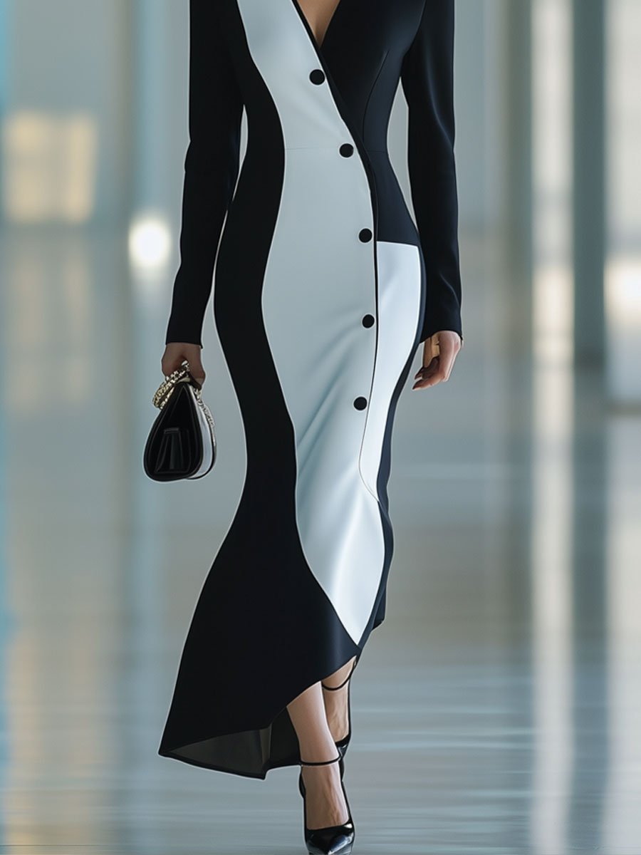 Fashion Retro Black and White V-neck Button Long Sleeve Maxi Dress