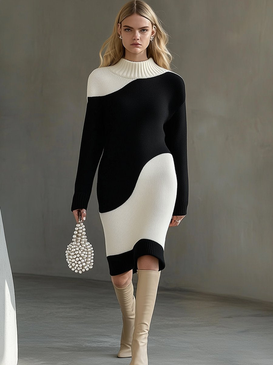 Casual Fashionable Loose Black And White Stitching Knitted Mini Dress