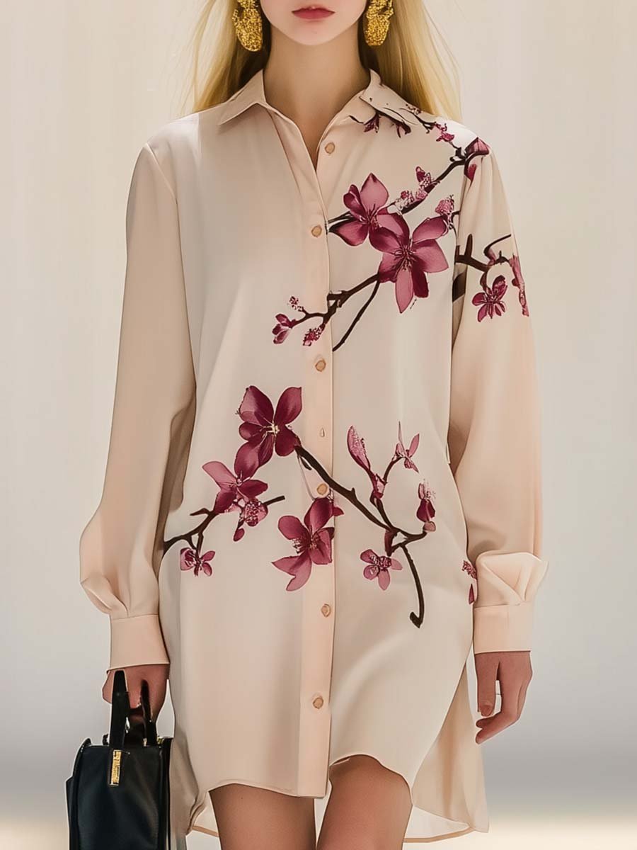 Elegant and Fresh Plum Blossom Print Pink Loose Shirt-style Mini Dress