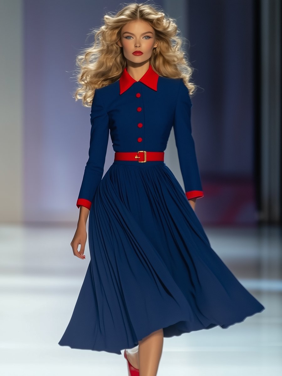 Retro Elegant Fashionable Red and Blue Contrast Midi Dress