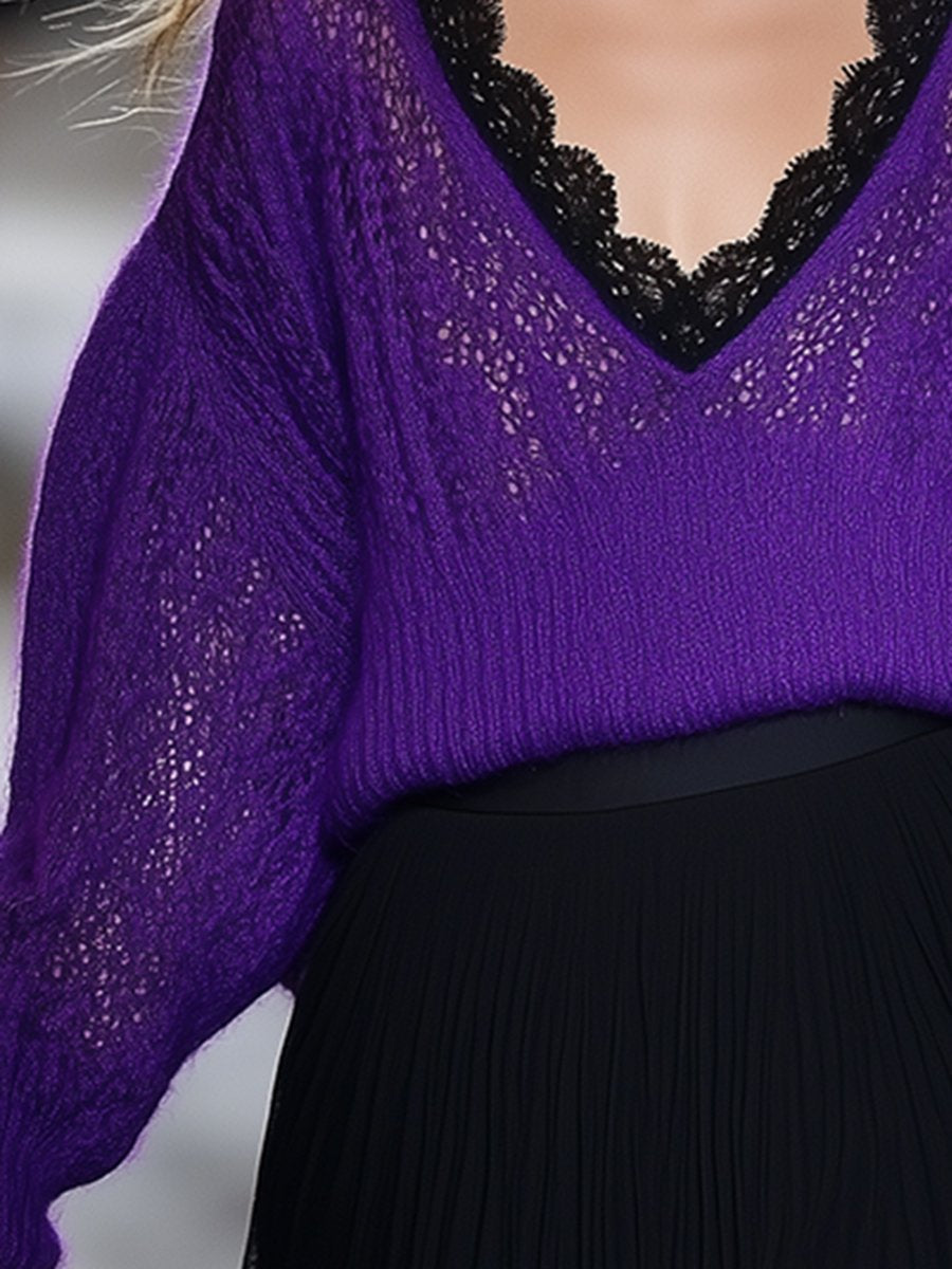 High-end loose lazy lace splicing V-neck purple sweater